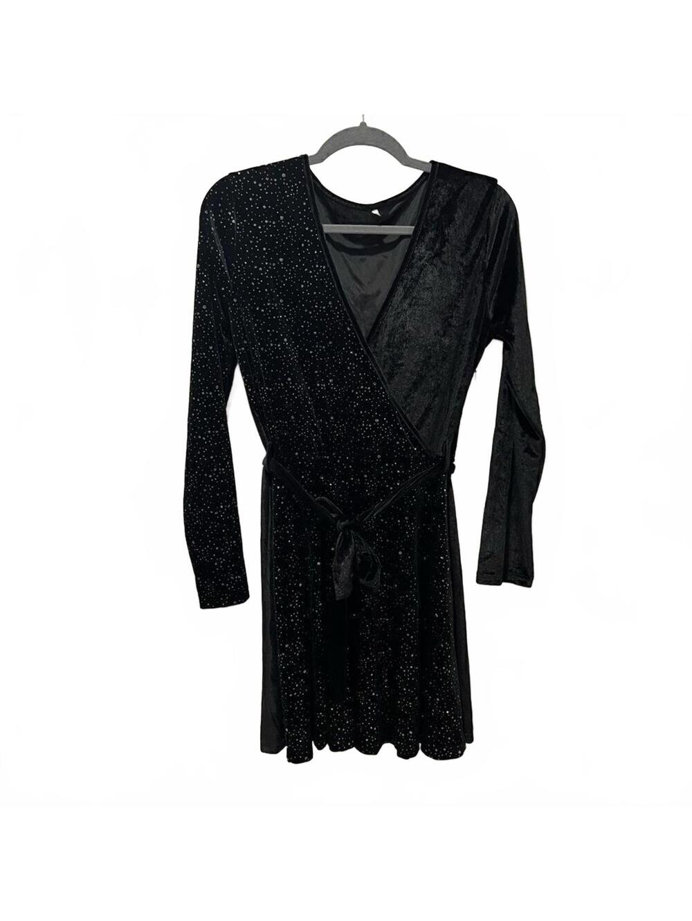 STUNNING NWOT black wrap rhinestone dress with tie @ waist, women’s size XL